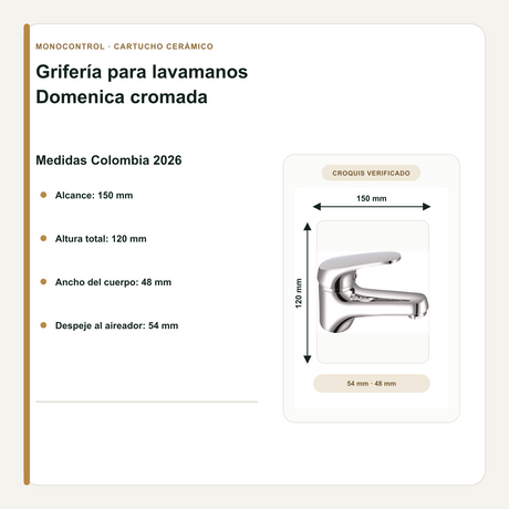 Grifería para Lavamanos Domenica Monocontrol Cromada 12 cm