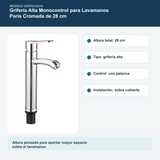 Medidas y datos verificados del grifería alta monocontrol para lavamanos paris cromada de 28 cm