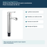 Contenido y características del grifería alta monocontrol para lavamanos paris cromada de 28 cm