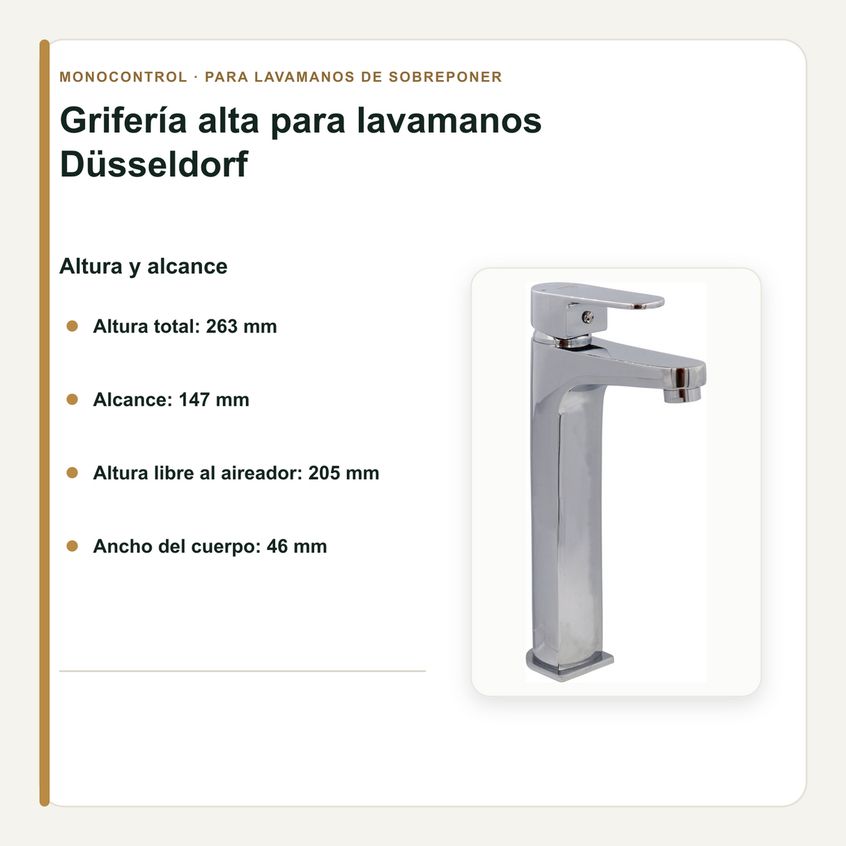 Altura, alcance y medidas de la grifería alta para lavamanos