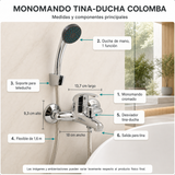 Diagrama de medidas y componentes del monomando tina ducha Colomba cromado