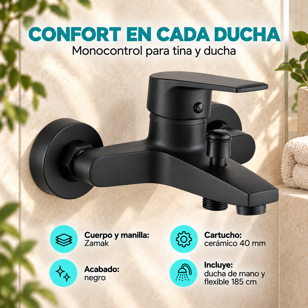 Características del monocontrol para tina y ducha Notte negro
