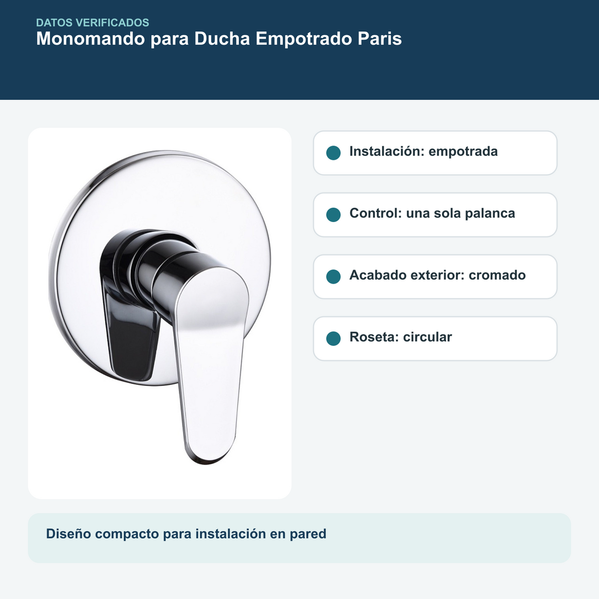 Medidas y datos verificados del monomando para ducha empotrado paris cromado