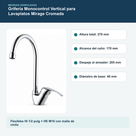 Grifería Monocontrol Vertical para Lavaplatos Mirage Cromada 27 cm