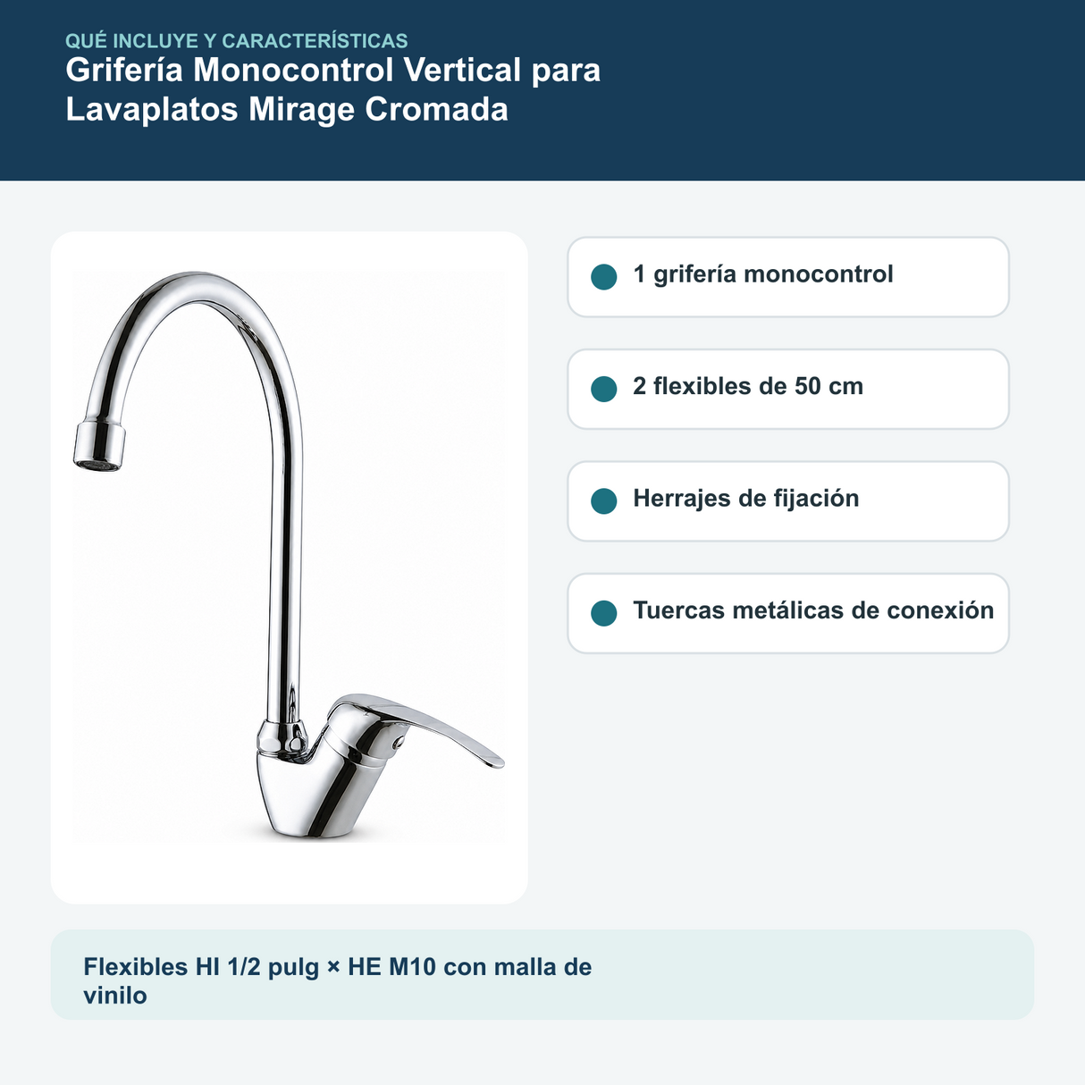 Contenido y características del grifería monocontrol vertical para lavaplatos mirage cromada