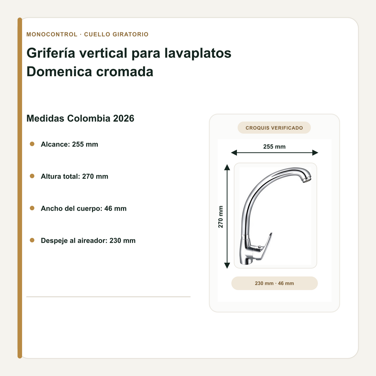 Altura, alcance y despeje de la grifería Domenica