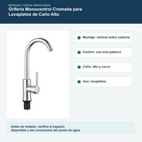 Medidas y datos verificados del grifería monocontrol cromada para lavaplatos de caño alto