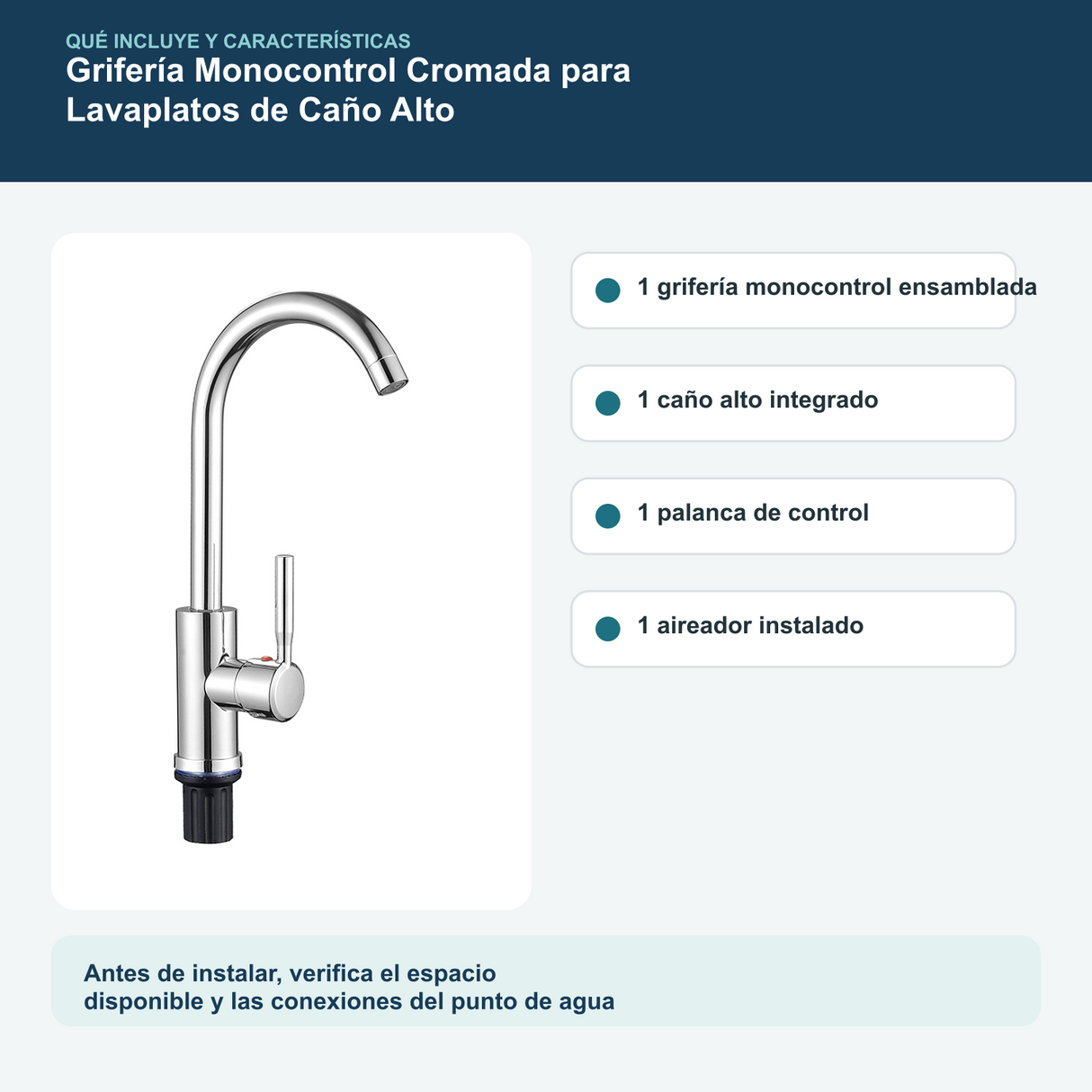 Contenido y características del grifería monocontrol cromada para lavaplatos de caño alto