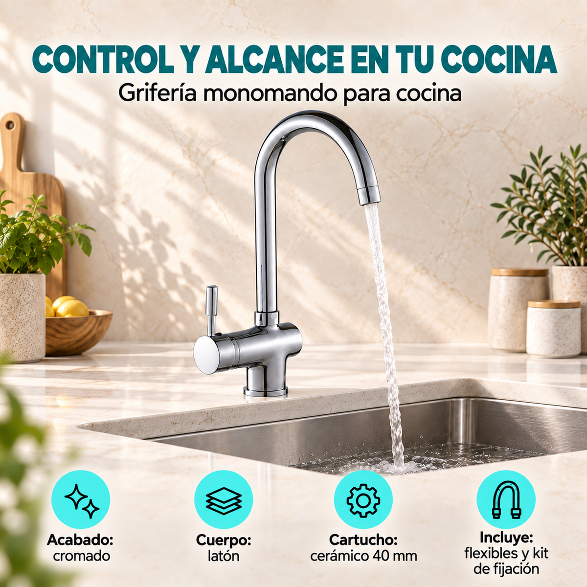 Grifería monomando para cocina Modern cromada, características