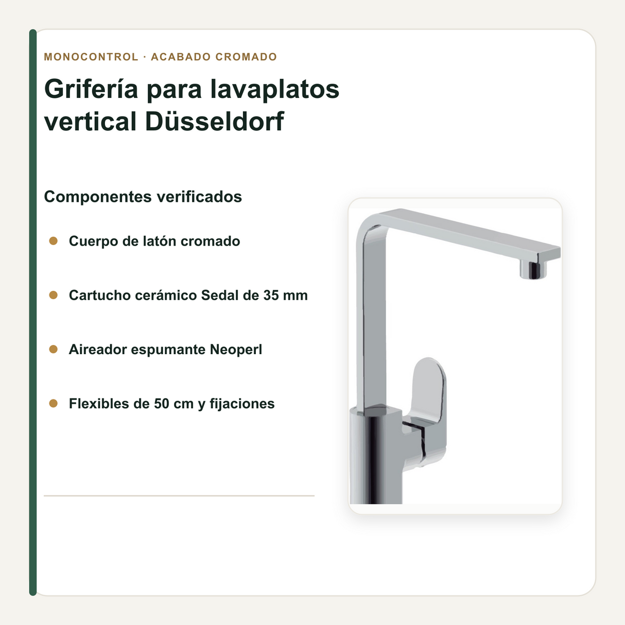 Cuerpo, cartucho, aireador y conexiones de la grifería para lavaplatos