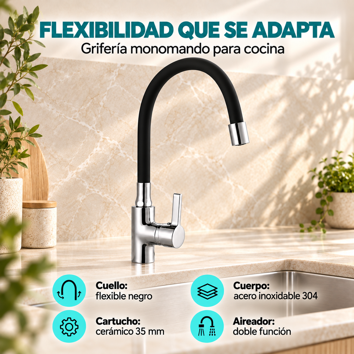 Grifería monomando para cocina con cuello flexible negro, características