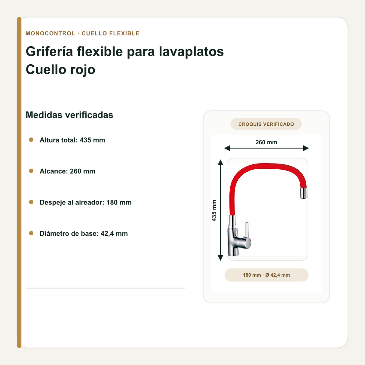 Altura, alcance y despeje de la grifería flexible roja