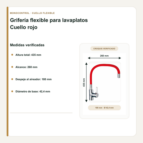 Grifería Monocontrol para Lavaplatos Cuello Flexible Roja 43,5 cm