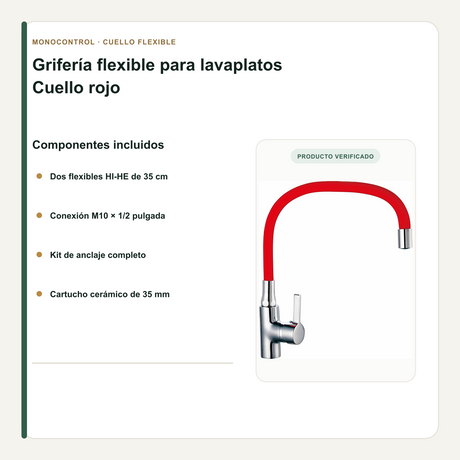 Grifería Monocontrol para Lavaplatos Cuello Flexible Roja 43,5 cm