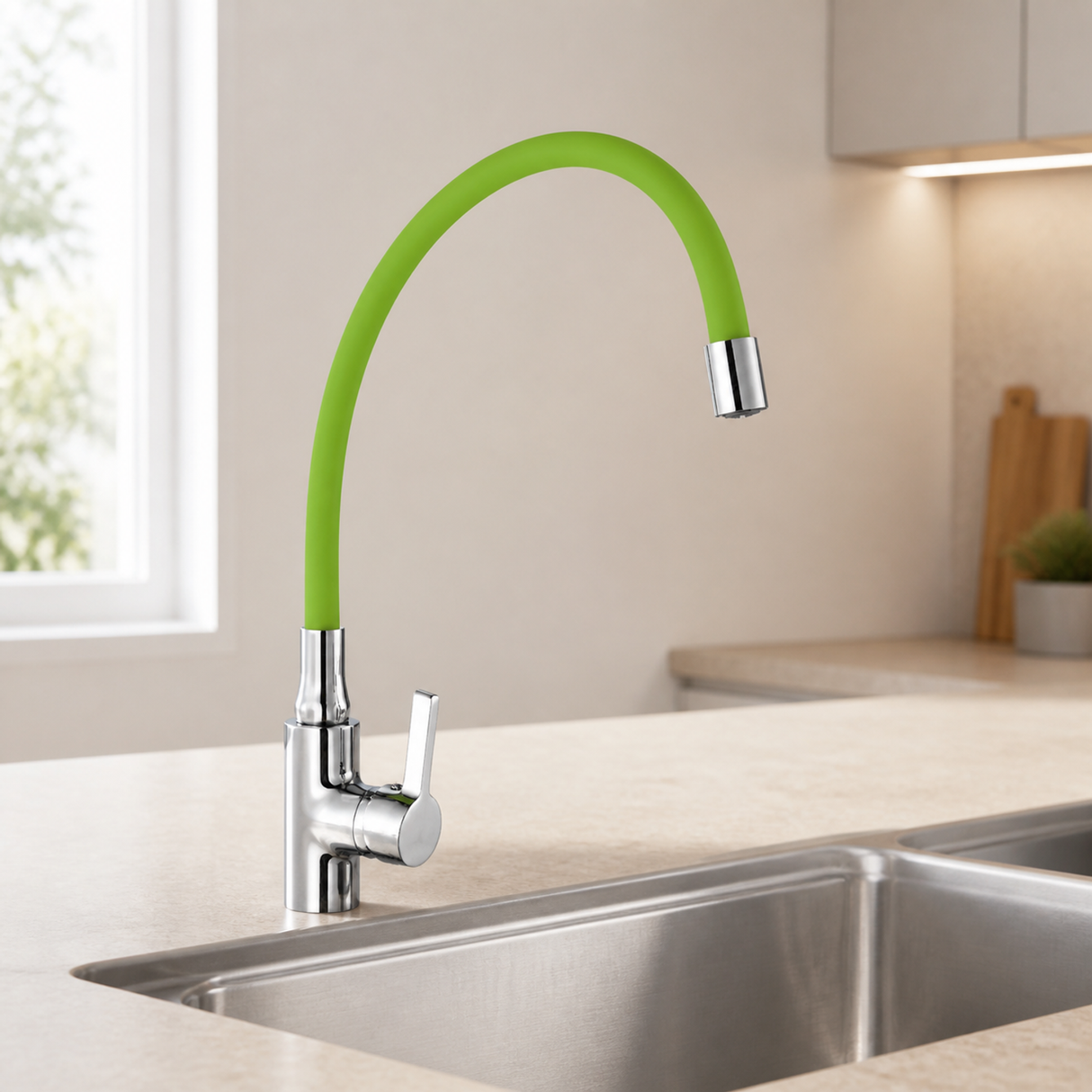 Grifería de cuello flexible verde instalada en una cocina moderna