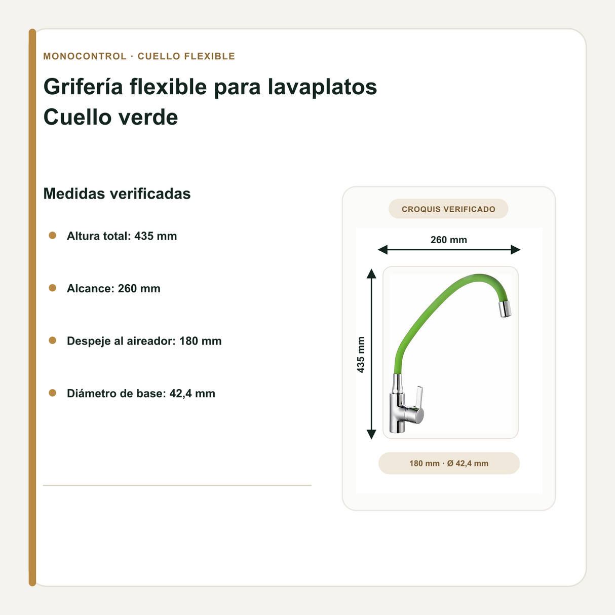 Altura, alcance y despeje de la grifería flexible verde
