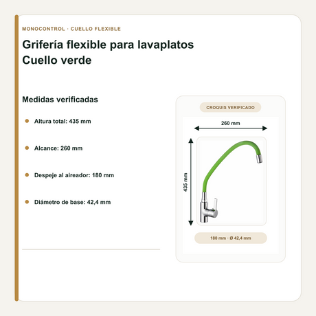 Grifería Monocontrol para Lavaplatos Cuello Flexible Verde 43,5 cm