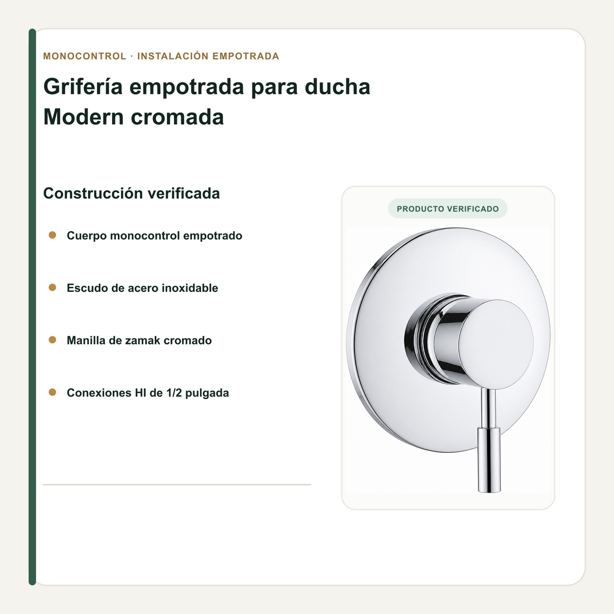 Escudo, manilla y cuerpo empotrado de la grifería Modern