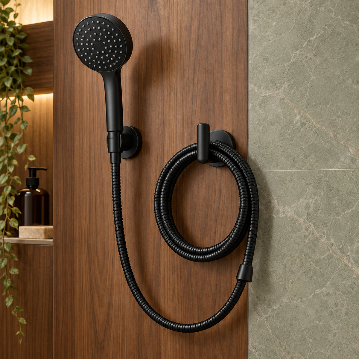 Detalle de manguera flexible negra para teleducha de 2 m instalado