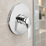Registro monocontrol para ducha con escudo redondo en acero inoxidable en acercamiento instalado