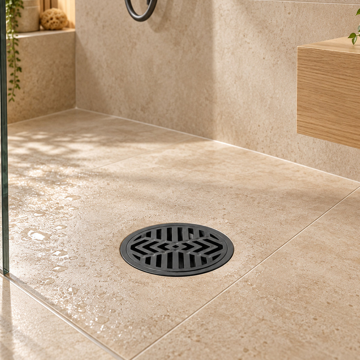 Rejilla De Piso En PVC Negra Con Diseño Radial 3 × 1,5 cm - ambientación cercana