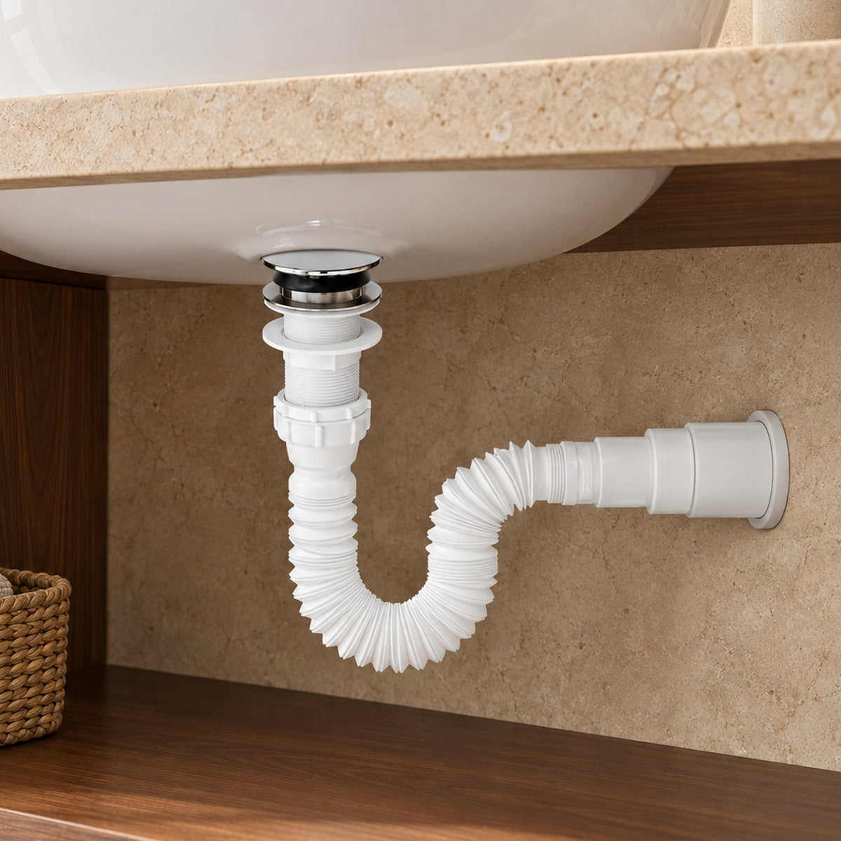 Sifón Flexible Con Push Para Lavamanos Blanco Y Cromado - imagen 2