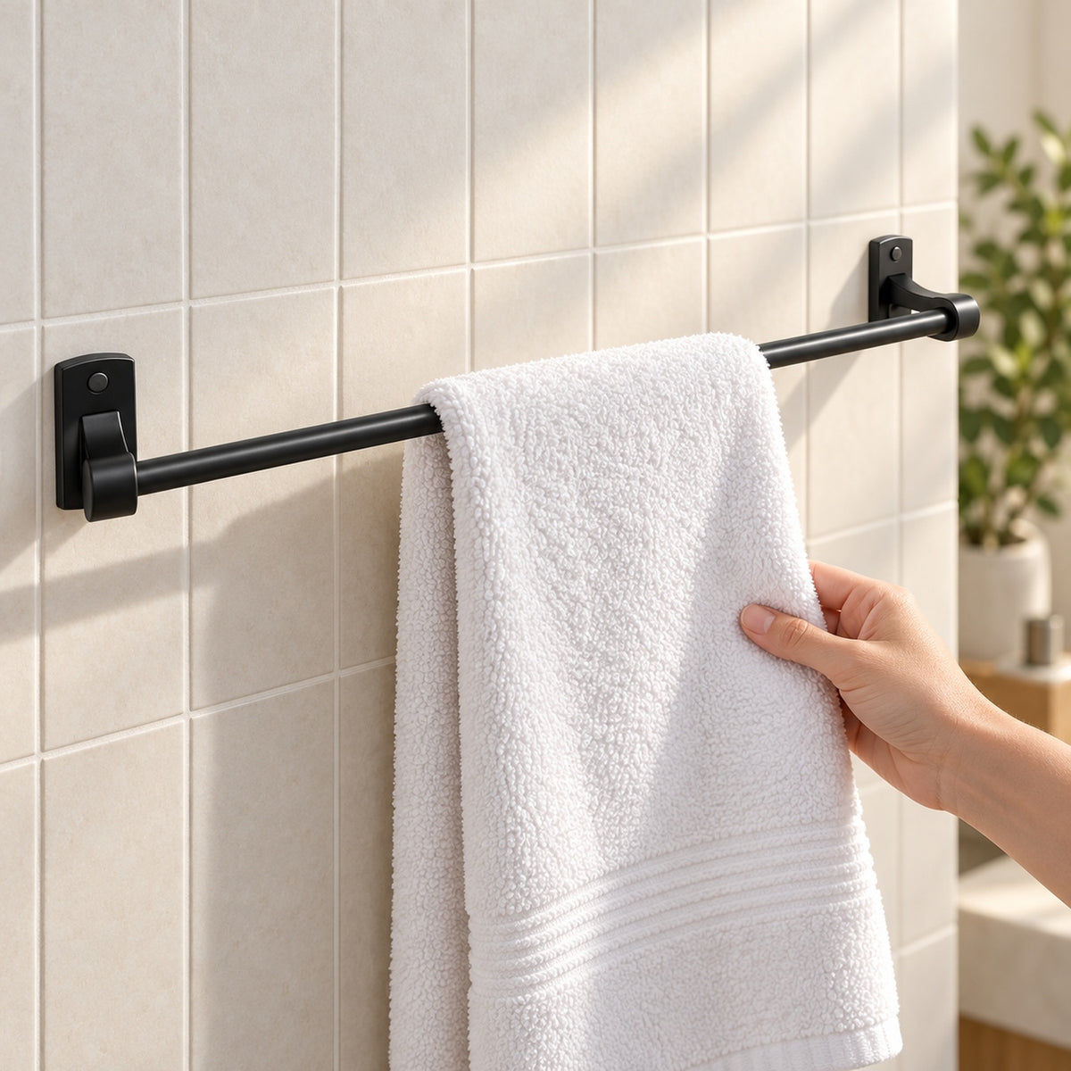 Acercamiento de toallero negro de barra de 60 cm con una toalla