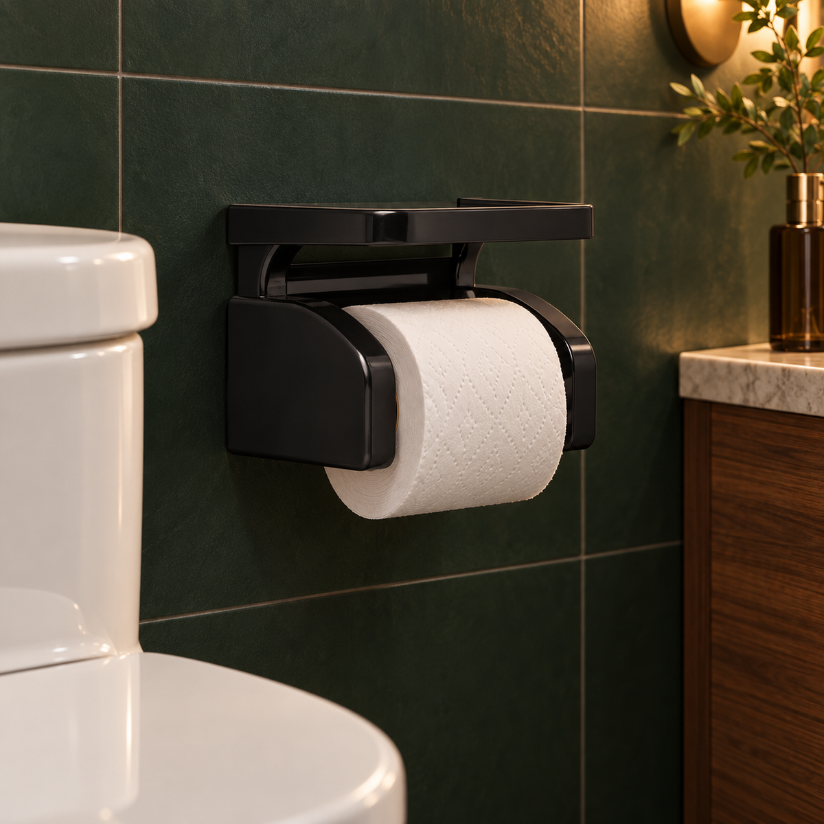Vista cercana de portarrollos de baño con ventosa instalado con escala realista