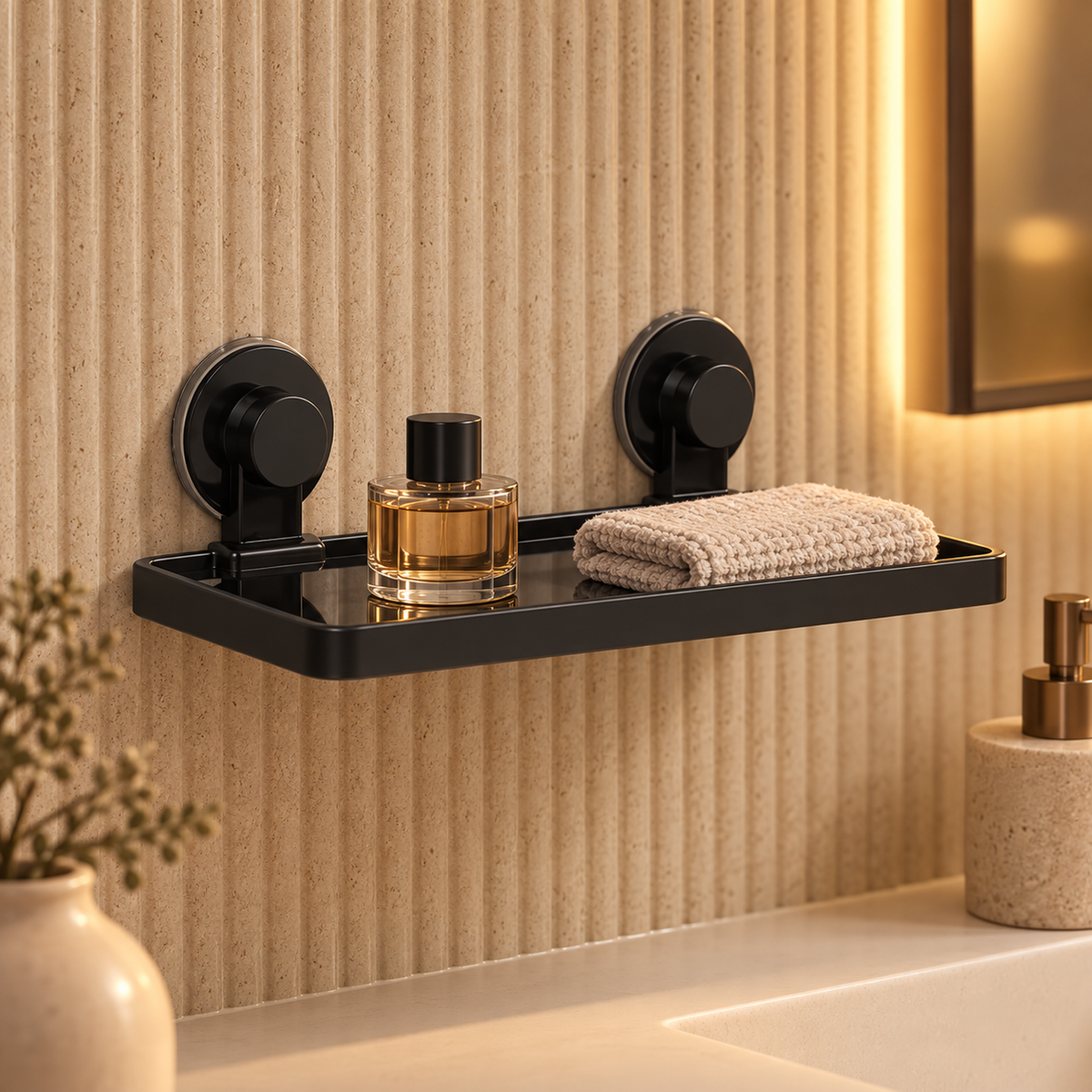 Vista cercana de repisa organizadora de baño instalado con escala realista