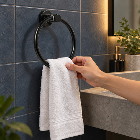 Toallero tipo aro en aluminio negro con base redonda