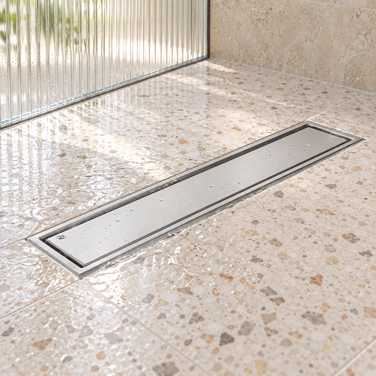 vista cercana de rejilla invisible de piso en acero plateado de 10 por 40 centímetros instalada en piso húmedo