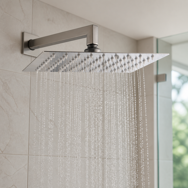 Regadera Cuadrada Satinada de 8 Pulgadas instalado en un ambiente moderno y bien iluminado