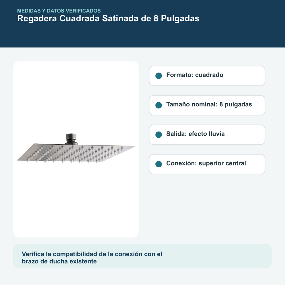 Medidas y datos verificados del regadera cuadrada satinada de 8 pulgadas