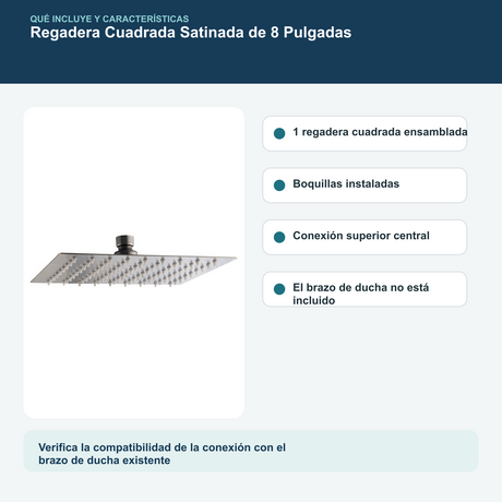 Regadera Cuadrada Satinada de 8 Pulgadas