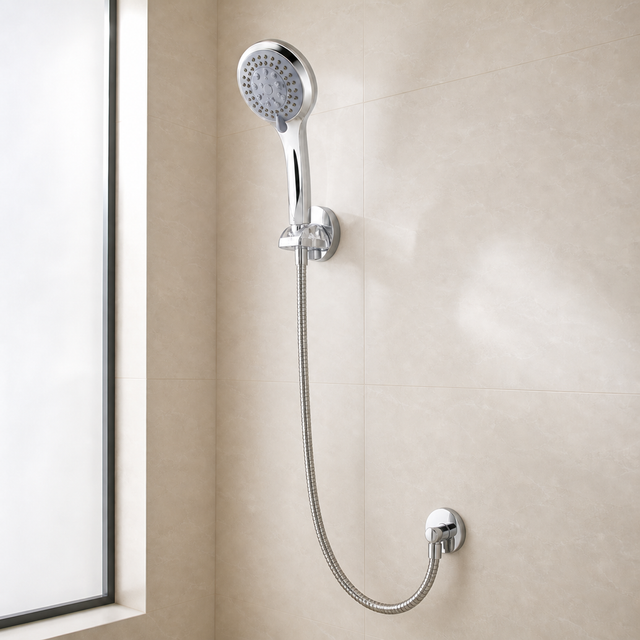 Juego de Teleducha Cromada de 3 Chorros con Flexible de 1,85 m instalado en un ambiente moderno y bien iluminado