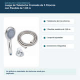 Contenido y características del juego de teleducha cromada de 3 chorros con flexible de 1,85 m
