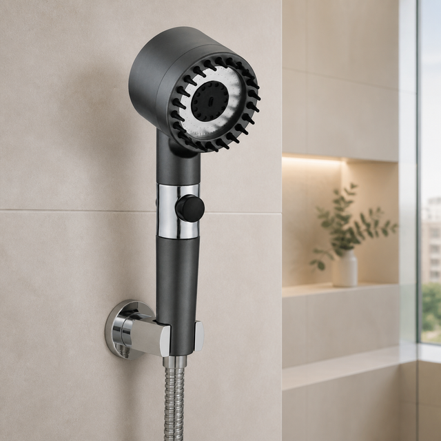 Teleducha satinada instalada en un baño moderno, con manguera visible solo como contexto de uso