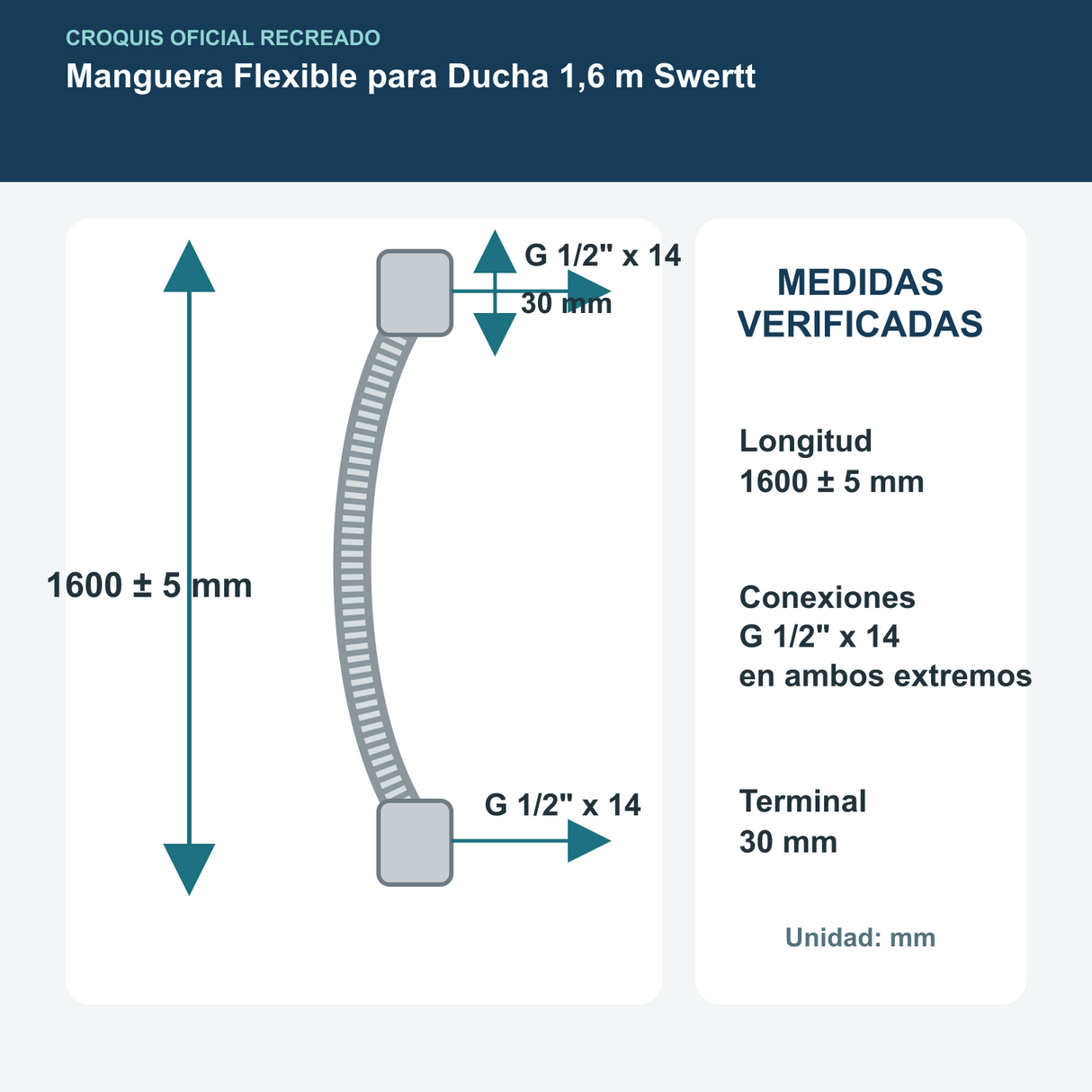 Croquis de manguera de ducha con longitud 1600 milímetros y roscas G 1/2