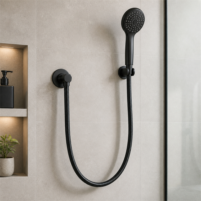Flexible negro para ducha instalado con teleducha y salida mural compatibles no incluidas