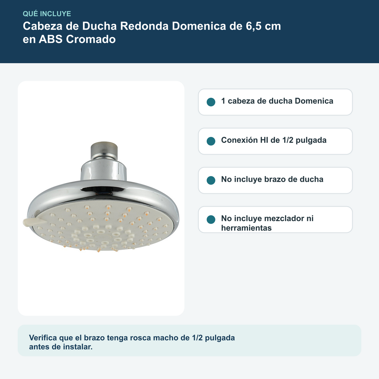 Contenido y características del cabeza de ducha redonda domenica de 6,5 cm en abs cromado