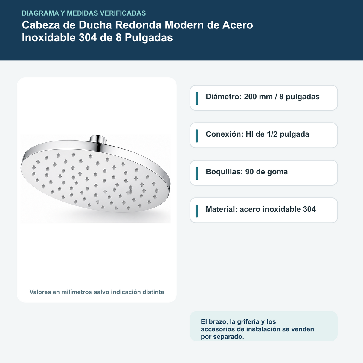 Diagrama o datos verificados del cabeza de ducha redonda modern de acero inoxidable 304 de 8 pulgadas