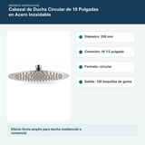 Medidas y datos verificados del cabezal de ducha circular de 10 pulgadas en acero inoxidable