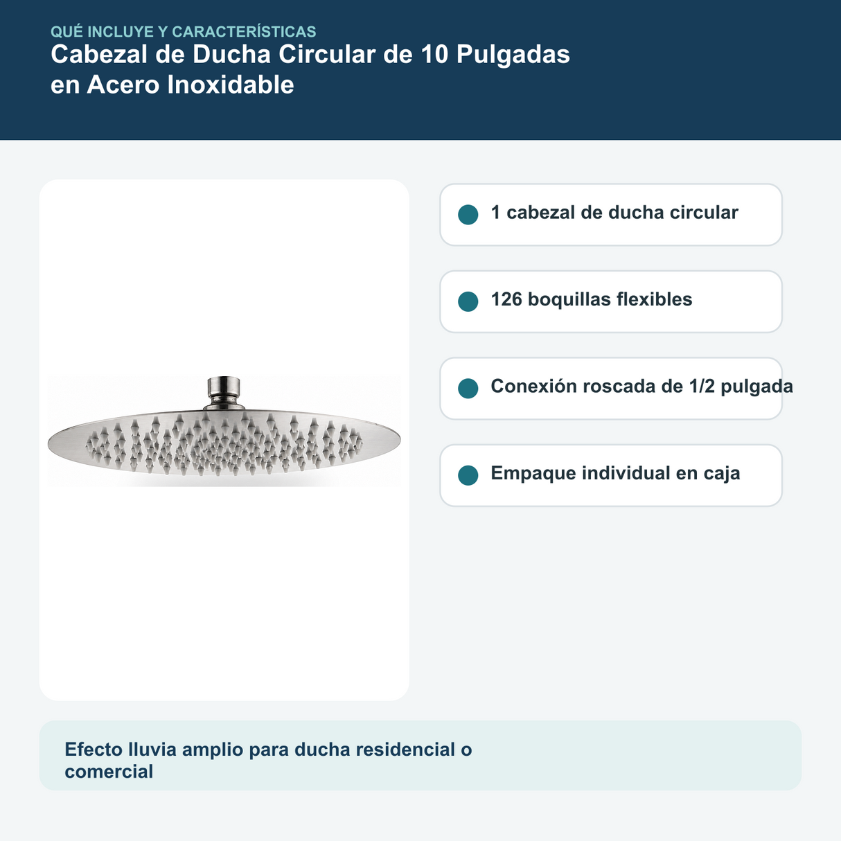 Contenido y características del cabezal de ducha circular de 10 pulgadas en acero inoxidable