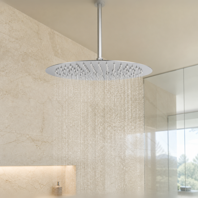 Cabezal redondo de 30 cm instalado en una ducha moderna