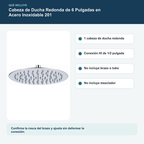 Cabeza de Ducha Redonda de 6 Pulgadas en Acero Inoxidable 201