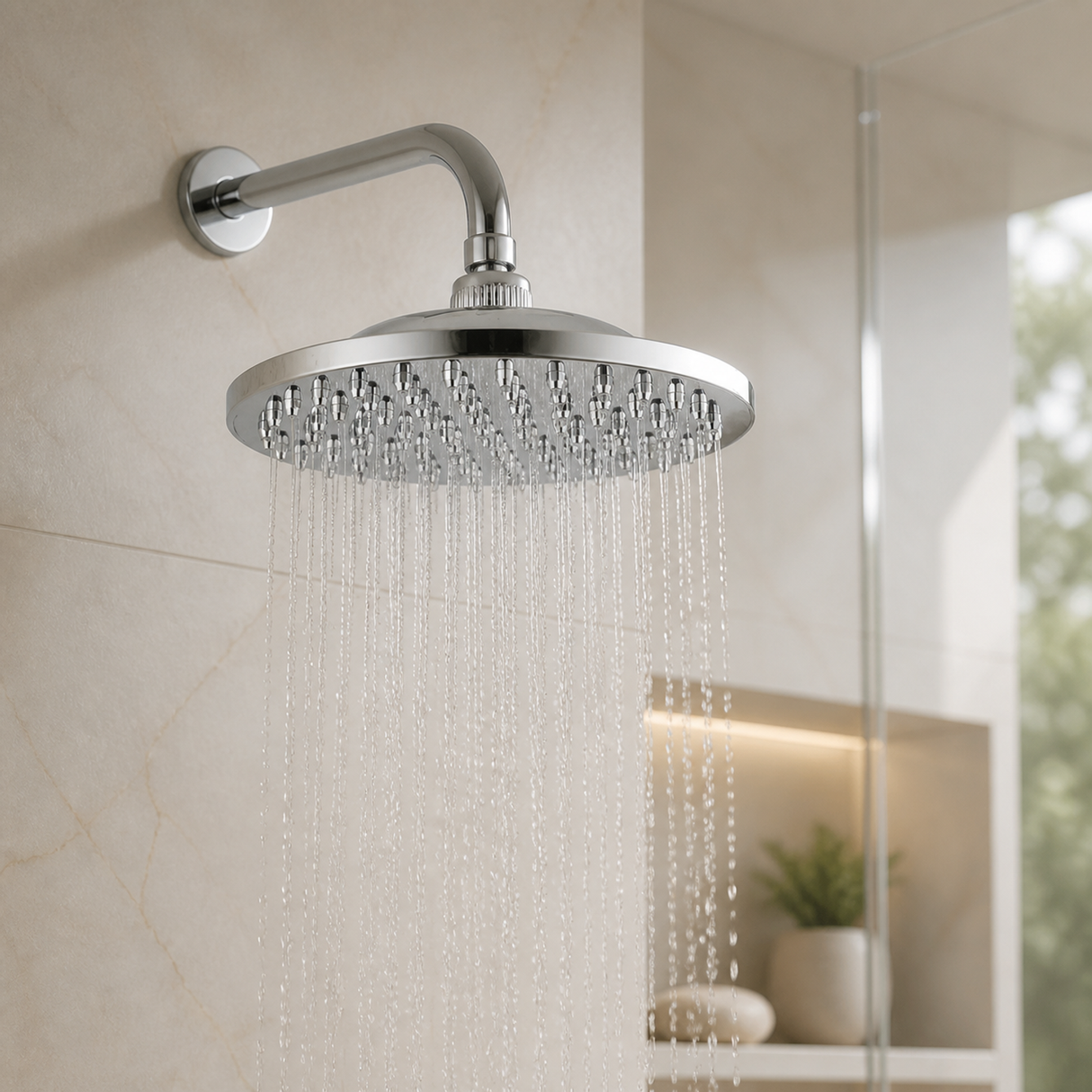 Cabeza de Ducha Redonda Cromada en ABS de 8 Pulgadas instalado en un ambiente moderno y bien iluminado