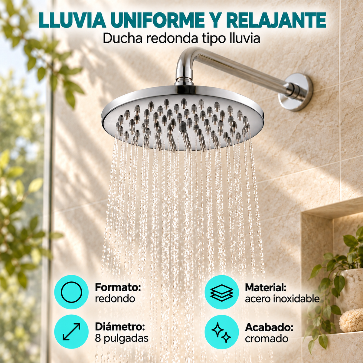 Ducha redonda tipo lluvia cromada de 8 pulgadas, características