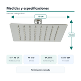 Medidas y especificaciones del cabezal cuadrado de 15 cm con entrada HI de 1/2 pulgada