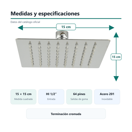 Cabezal de Ducha Cuadrado de 15 cm en Acero Inoxidable Cromado