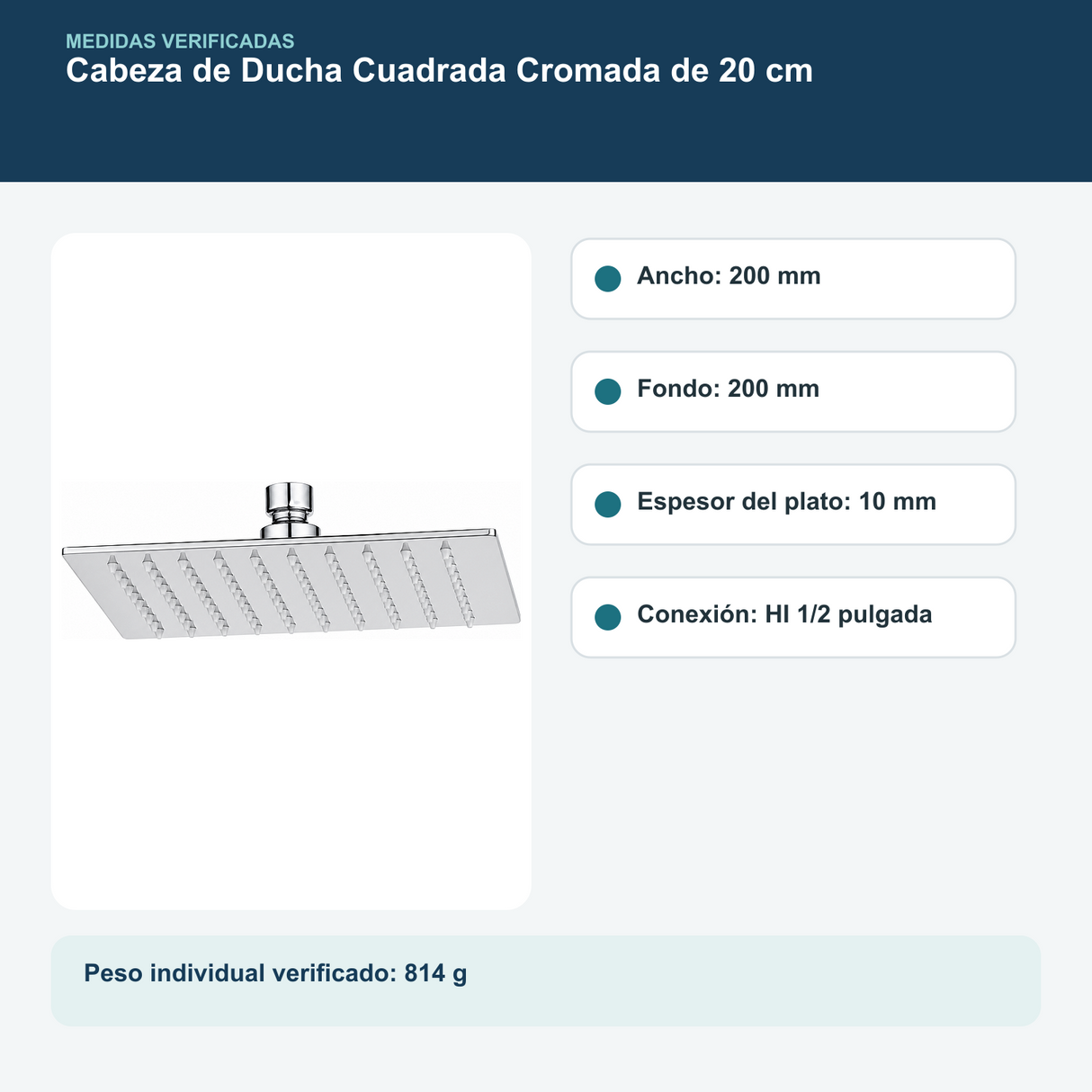 Medidas y datos verificados del cabezal de ducha cuadrado cromado de 20 cm